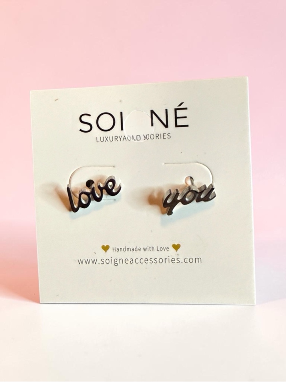 #376–❤️$5/$25❤️Soigné 'love' and 'you' Script Stud Earrings - Silver